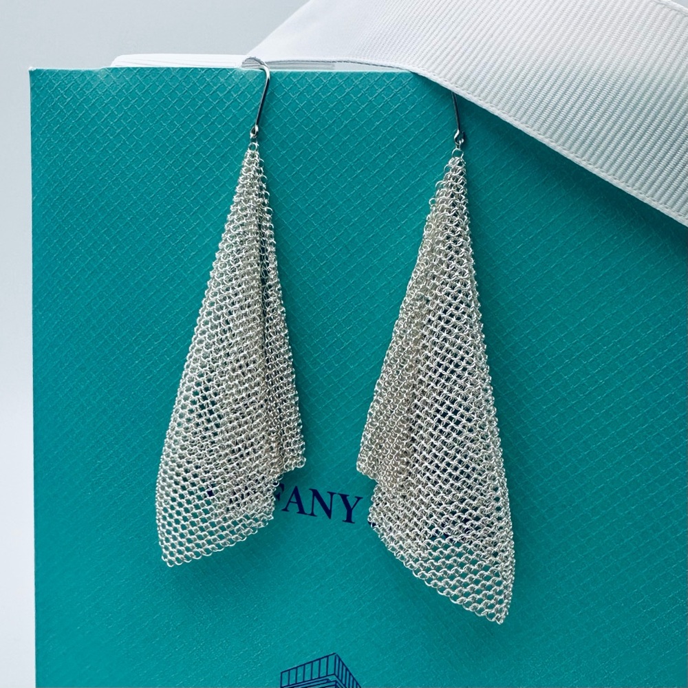 Tiffany & Co. Mesh Scarf Earrings in Sterling Silver with Packaging